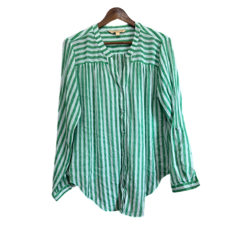 Hope & Harlow Button Down Blouse Womens‎ XL Green White Striped Roll Tab